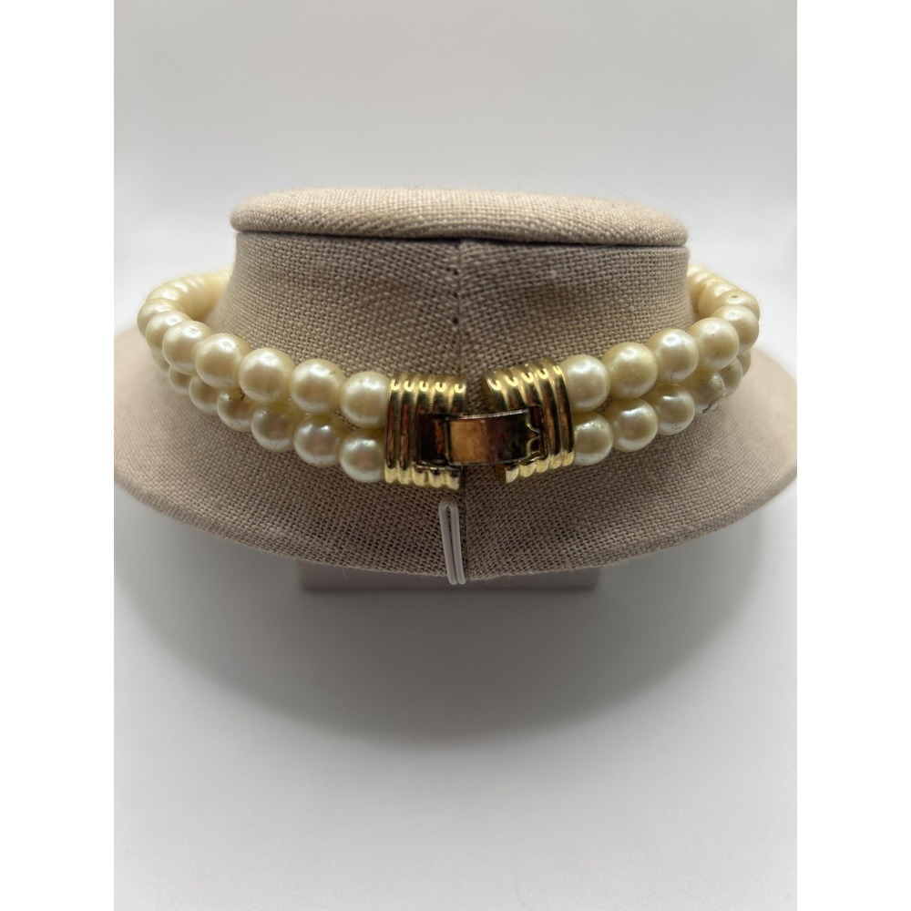White Faux Pearl Beaded Choker Necklace Panther Heads Gold Tone 15in Statement - Picture 5 of 5